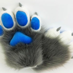 Weiß grau blau Katzenpfoten Handschuhe Kostüm Cosplay Kunstfell flauschig Fuchs Pelzpfoten Kitty Cosplay Pelzpfoten Handschuhe Handschuhe Pelzpfoten Krallen