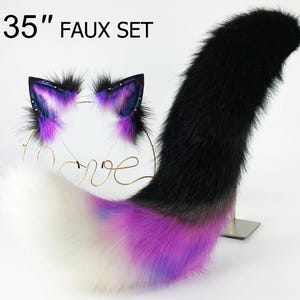 purple black fox tail and ear realistic faux fur wolf tail and ear kitten ear and tail set curved cat tail and ear anime cosplay petplay