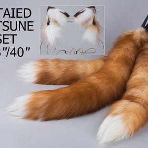 3 tailed kitsune tail and ear set white 3 fox tails and ears set kitten ear and tail set fox ears and tail petplay anime cosplay petplay