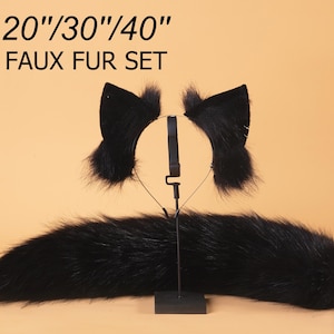 black fox tail and ear set faux fur fox ear and tail cosplay wolf tail and wolf ear petplay cat tail and ears kitten ears tail halloween