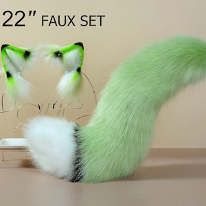 grüner Fuchs Schwanz und Ohr realistischer Kunstpelz Wolf Schwanz und Ohr Kätzchen Ohr und Schwanz set gebogen Katzenschwanz und Ohr Anime Cosplay Petplay