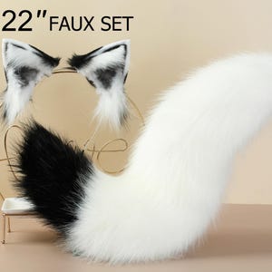 White and black fox tail and ear realistic faux fur wolf tail and ear kitten ear and tail set curved cat tail and ear anime cosplay petplay