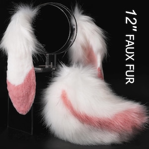 Pink white soft lop bunny ear and tail cosplay realistic faux fur long floppy bunny ears headband rabbit ears tail set bunny kemonomimi