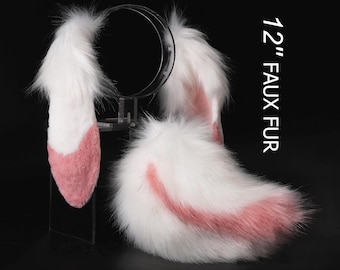 Pink white soft lop bunny ear and tail cosplay realistic faux fur long floppy bunny ears headband rabbit ears tail set bunny kemonomimi