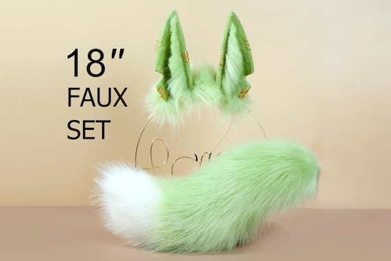 green realistic faux fur anubis ears and tail set anubis wolf tail and ear set wolf ear wolf tail anime cosplay anubis tail anubis ear