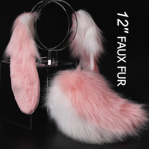 Pink white soft lop bunny ear and tail cosplay realistic faux fur long floppy bunny ears headband rabbit ears tail set bunny kemonomimi