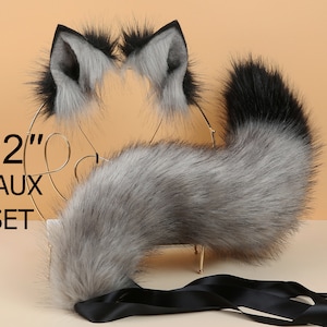 gray black faux fur fox tail and ear wolf tail and ear kitten ear and tail set curved cat tail and ear anime cosplay tail fox ear headband