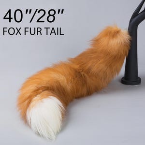 May include: A 40 inch by 28 inch long fox fur tail. The tail is orange with a white tip and is displayed on a black stand.