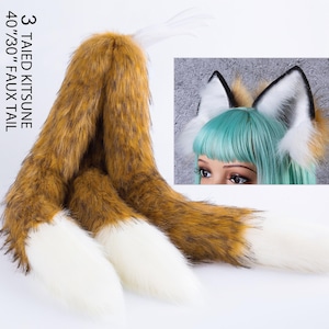 Realistic faux fur 3 tailed kitsune tail and ear set 3 fox tails and ears set kitten ear and tail set fox ears and tail anime cosplay