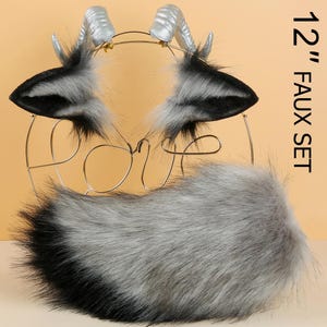 Conjunto de orejas y cola de oveja de piel sintética gris y negra, conjunto de orejas y cola de cabra para cosplay de anime, orejas de oveja con cuernos para jugar como mascota, diadema con orejas de cabra y orejas de cordero