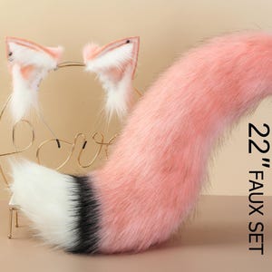 Pink white fox tail and ear realistic faux fur wolf tail and ear kitten ear and tail set curved cat tail and ear anime cosplay petplay