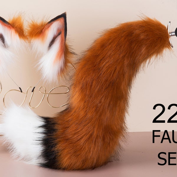 Brown blanco piel sintética fox tail plug and ear wolf tail buttplug and ear kitten ear and tail plug set curved tail and ear plug cosplay -mature