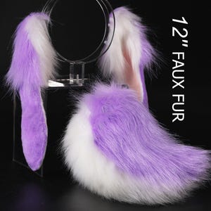 Purple white soft lop bunny ear and tail cosplay realistic faux fur long floppy bunny ears headband rabbit ears tail set bunny kemonomimi