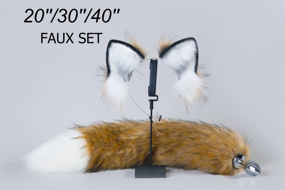 Fox Tail Anal Plug Collar and Nipple Clamps Cat Ears Butt Plug Stainless  Steel Anal Plug with Faux Fur Fox Tail for Women Costume Props (Blue)