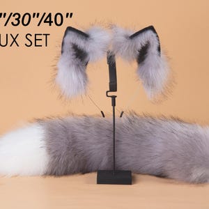 gray fox tail and ear set faux fur fox ear and tail cosplay wolf tail and wolf ear petplay cat tail and ears kitten ears tail halloween gift
