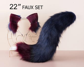 Cola y orejas de zorro realistas de piel sintética, cola y orejas de lobo, conjunto de orejas y cola de gatito, cola y orejas de gato curvadas, cosplay de anime, juego de mascotas