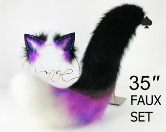 purple black faux fur fox tail plug and ear wolf tail buttplug and ear kitten ear and tail plug set curved tail and ear plug cosplay -mature