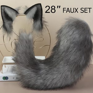 Realistic faux fur fox tail and ear wolf tail and ear kitten ear and tail set curved cat tail and ear anime cosplay tail fox ear headband