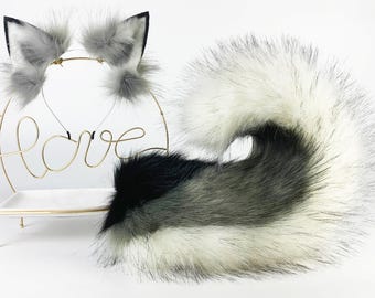 Gray faux fur puppy tail and ear set shiba Inu dog tail and ears puppy ears and tail anime cosplay shepherd dog ear and tail puppy play