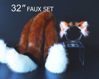 Namaakbont 3-staartige kitsune staart en oor set rode vossenstaart 3 vossenstaarten en oren kitten oor en staart set wolf kemonomimi anime cosplay rollenspel