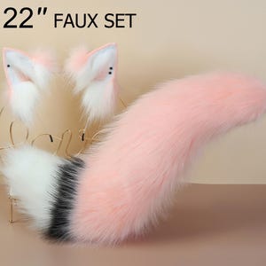 Pink faux fur fox tail and ear wolf tail and ear kitten ear and tail set curved cat tail and ear anime cosplay tail fox ear headband