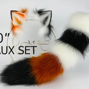 Faux fur fox ear and tail set wolf ear and tail cat ear and tail stripe tail and ear cosplay anime petplay kittenplay fox cosplay halloween