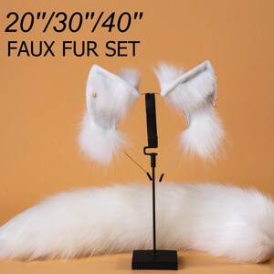 white fox tail and ear set faux fur fox ear and tail cosplay wolf tail and wolf ear petplay cat tail and ears kitten ears tail halloween