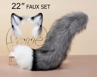 Realistic faux fur fox tail and ear wolf tail and ear kitten ear and tail set curved cat tail and ear anime cosplay tail fox ear headband