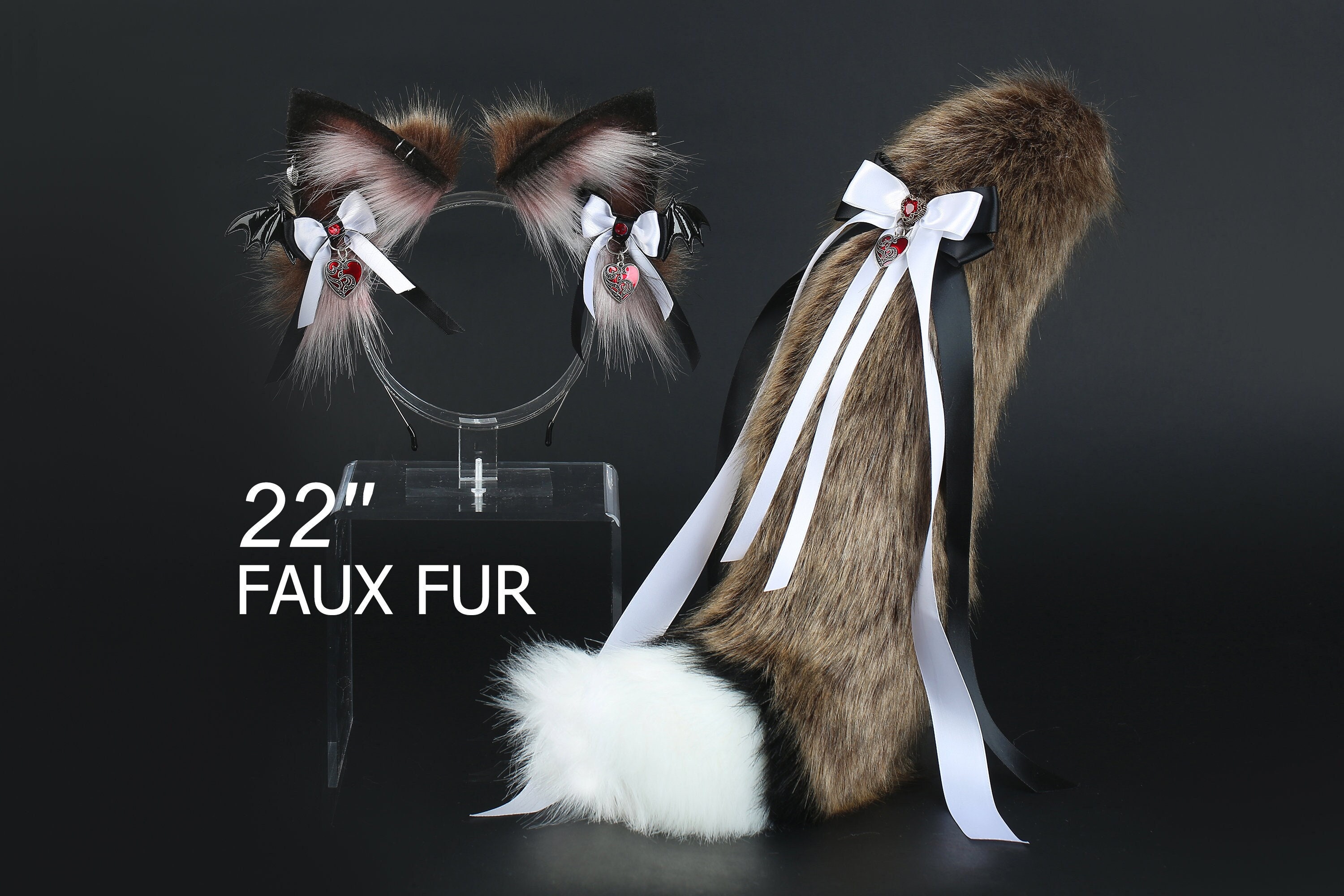 Brown Fox Tail and Ear Realistic Faux Fur Wolf Tail and Ear 