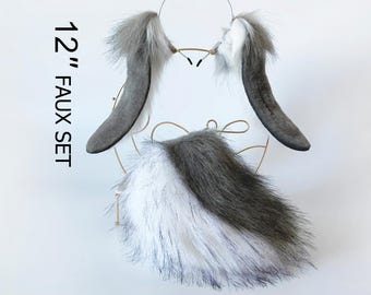 gray lop bunny ear and tail set rabbit ear and tail set bunny ears tail cosplay anime ears bunny ear headband rabbit ear petplay halloween