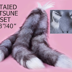 3 tailed kitsune tail and ear set white 3 fox tails and ears set kitten ear and tail set fox ears and tail petplay anime cosplay petplay