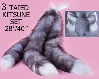 Kitsune staart en staart set wit 3 set vossenstaarten en oren kitten oor en staart set vossenoren en staart petplay anime cosplay petplay