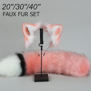 pink fox tail and ear set faux fur fox ear and tail cosplay wolf tail and wolf ear petplay cat tail and ears kitten ears tail halloween gift