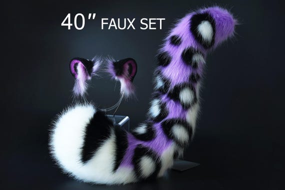 Realistic faux fur purple snow leopard ear and tail set anime cosplay leopard tail and ear petplay halloween animal role playing kemonomimi