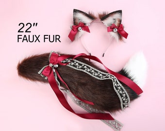 Realistic faux fur fox tail and ear wolf tail and ear kitten ear and tail set curved cat tail and ear anime cosplay tail fox ear headband