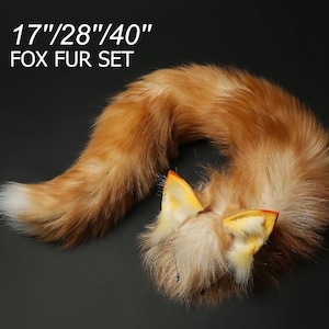 May include: A set of three fox fur tails in different sizes, 17 inches, 28 inches, and 40 inches long. The tails are a rich orange color with white tips and are arranged in a circle on a black background.