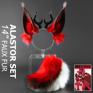 Faux Fur Alastor Ears Hazbin Hotel Alastor Tail - Alastor Ears And Tail Hazbin Hotel - Hazbin Hotel Alastor Ears With Horn Cosplay Brown Red