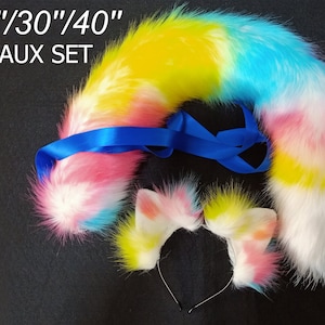 Rainbow fox tail and ear set faux fur fox ear and tail cosplay wolf tail and wolf ear petplay cat tail and ears kitten ears tail halloween