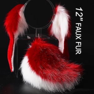 Red white soft lop bunny ear and tail cosplay realistic faux fur long floppy bunny ears headband rabbit ears tail set bunny kemonomimi