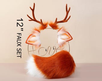May include: A 12-inch faux fur tail and ear set with a deer antler headband. The tail is orange and white, and the ears are orange with white tips. The headband is brown and has antlers.