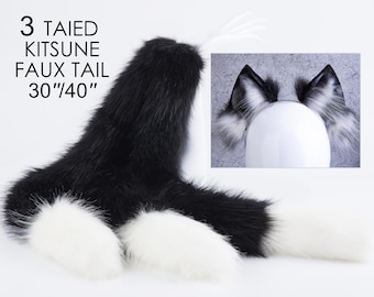Realistisch nepbont 3-staartige kitsune-set met staart en oren 3 set vossenstaarten en -oren kitten-oor en staart-set vossenoren en -staart anime-cosplay