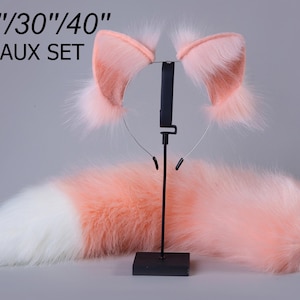 pink fox tail and ear set faux fur fox ear and tail cosplay wolf tail and wolf ear petplay cat tail and ears kitten ears tail halloween gift