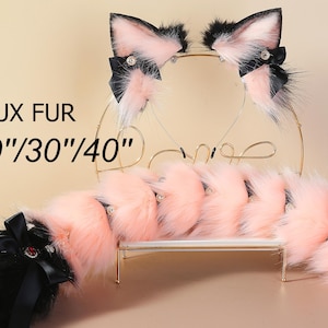 Pink black fox tail and ear set faux fur fox ear and tail cosplay wolf tail and wolf ear petplay cat tail and ears kitten ears tail