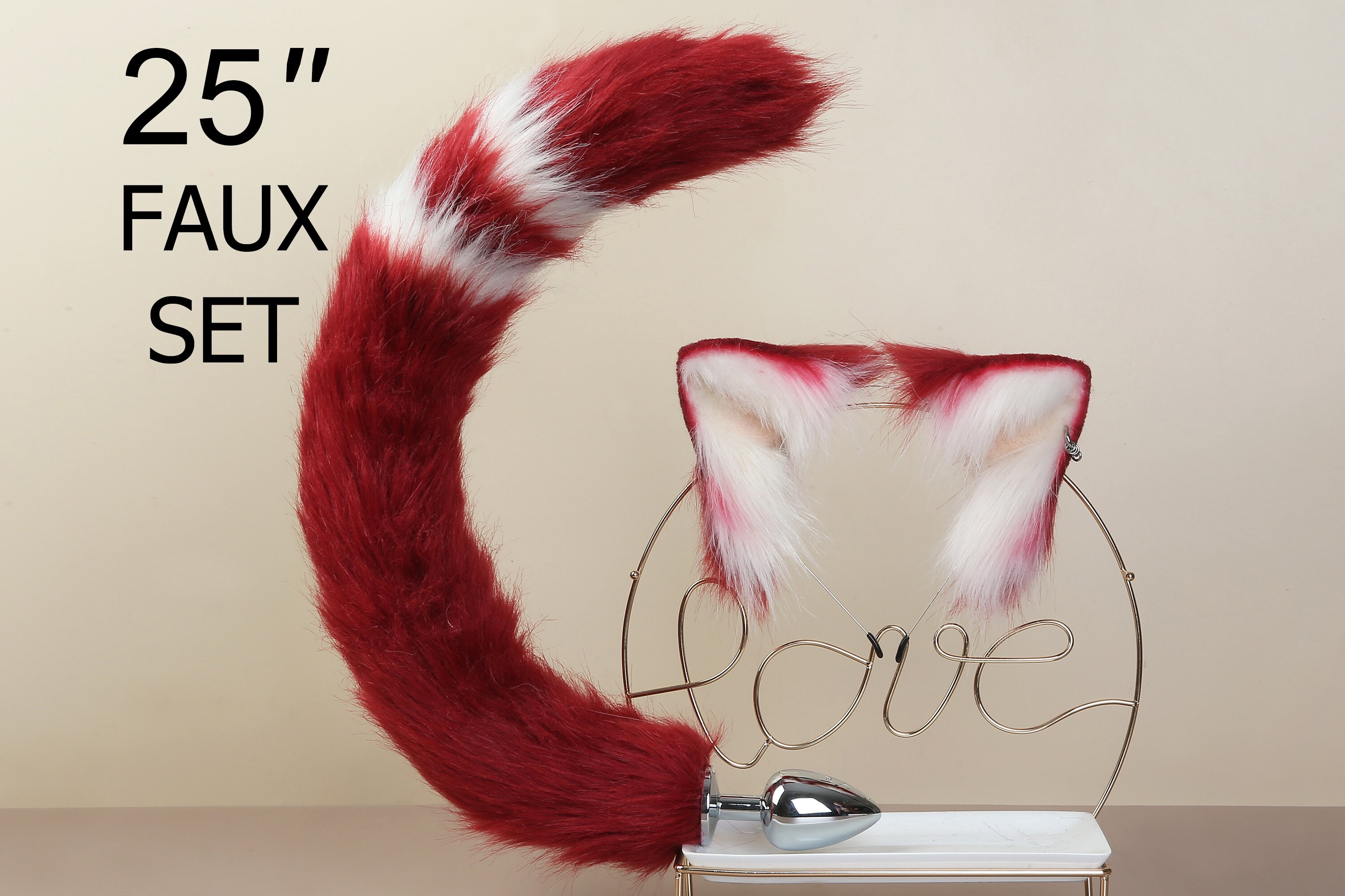 Red and beige cat ear and tail plug setkitten tail buttplug Etsy