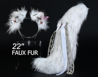 White black faux fur fox tail plug and ear wolf tail buttplug and ear kitten ear and tail plug set curved tail and ear plug cosplay -mature