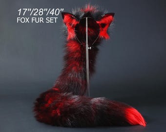 Red black fox tail and ear set - fox ear and tail - wolf tail and ear - cat ear and tail kittenplay anime cosplay - fox ear headband petplay