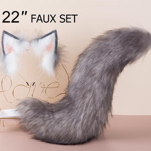 Grijs-witte vossenstaart en oor realistisch nepbont wolvenstaart en oor kitten oor en staart set gebogen kattenstaart en oor anime cosplay petplay