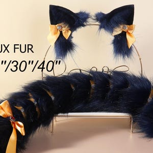 Dark blue fox tail and ear set faux fur fox ear and tail cosplay wolf tail and wolf ear petplay cat tail and ears kitten ears tail halloween