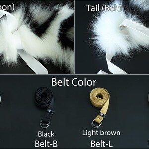 May include: A close-up of five different colored belts, including white, black, light brown, and gray. The text "Belt Color" is displayed above the belts. The text "Tail (Ribbon)" and "Tail (Belt)" are displayed above two images of a white and black fur tail.