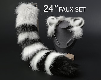 faux fur raccoon ear and tail plug set tiger ear and tail plug set petplay ear and tail butt plug Procyonidae ear and tail cosplay -mature